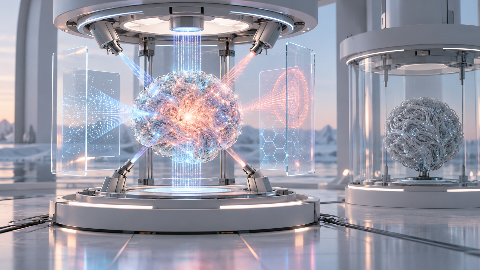 Un núcleo de inteligencia artificial bajo haces de evaluación en un banco de pruebas, junto a otro núcleo aún inactivo.
