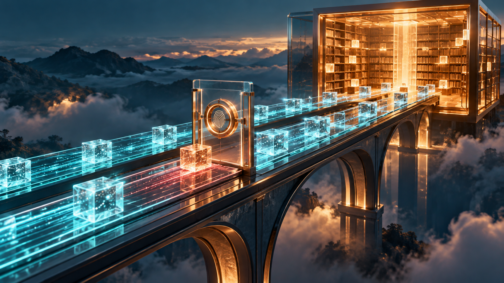 Un puente de datos atraviesa un control selectivo antes de llegar a un repositorio luminoso