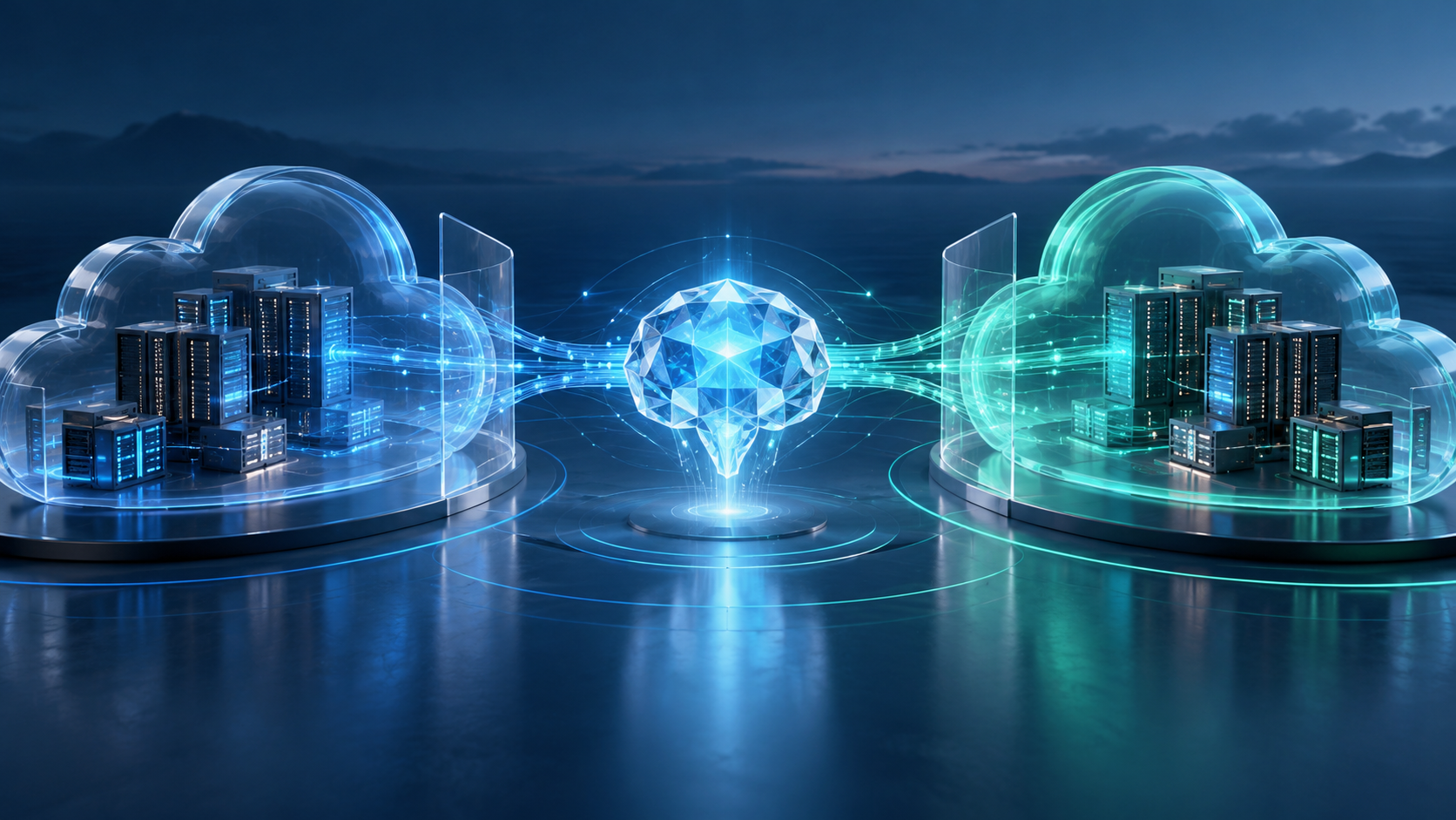Un núcleo de inteligencia artificial conecta dos plataformas de servidores separadas, como representación de una transición entre entornos.