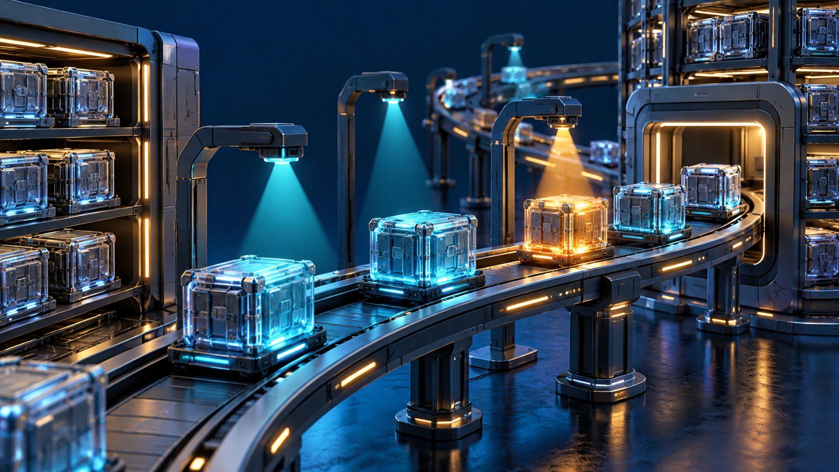 Contenedores modulares recorren una vía de artefactos con puntos luminosos que observan su paso.