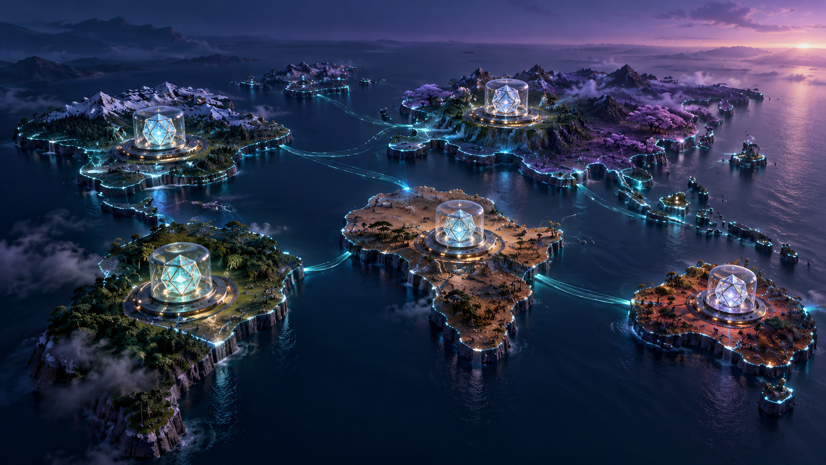 Núcleos criptográficos bajo cubiertas transparentes se distribuyen en regiones separadas conectadas por rutas luminosas.