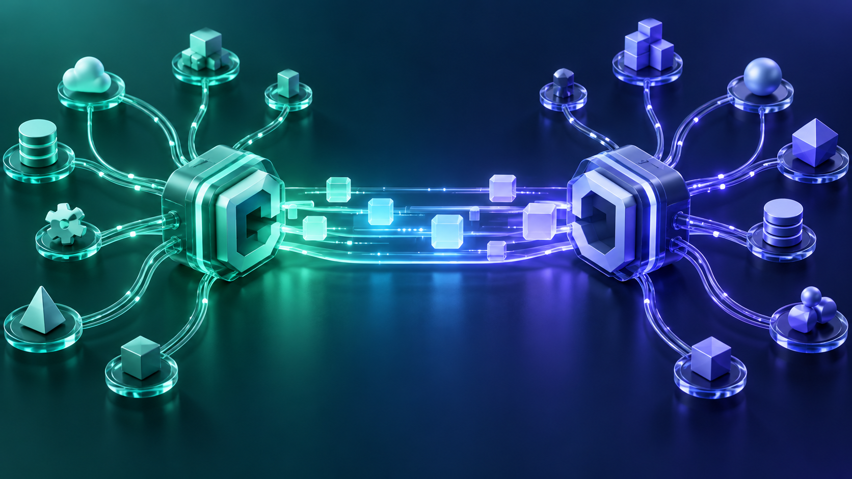 Dos conectores enlazan redes de figuras geométricas mediante canales luminosos, como representación de compatibilidad entre contratos de datos.