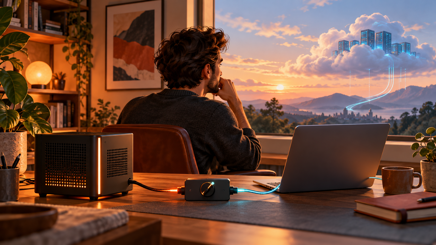 Un computador portátil y un módulo de cómputo local conectados mediante interruptores, con una nube distante al fondo.