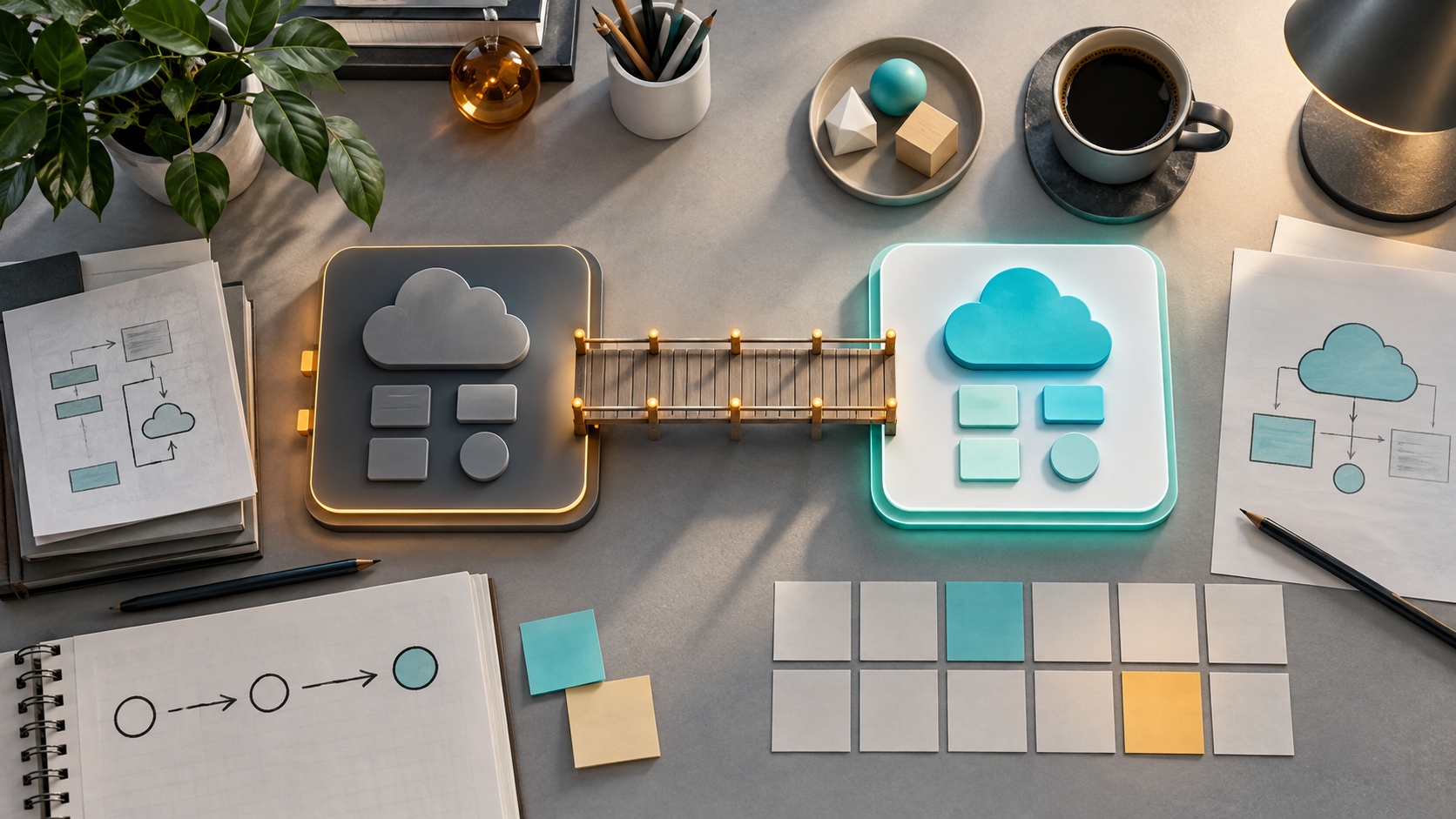 Dos módulos de herramientas cloud unidos por un puente sobre una mesa con casillas de planificación.