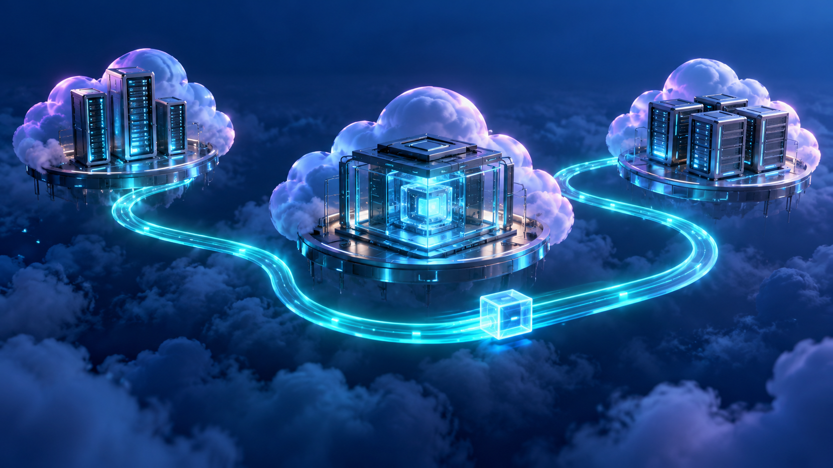 Tres infraestructuras de nube conectadas por una ruta luminosa de ejecución que transporta un bloque de software.