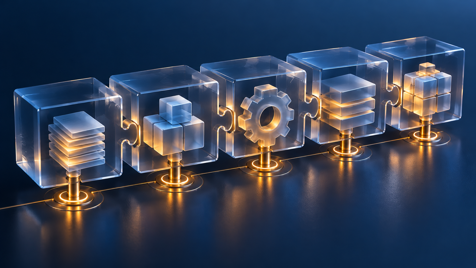 Módulos abstractos de una cadena de compilación unidos a puntos de referencia estables, sin texto ni logotipos.