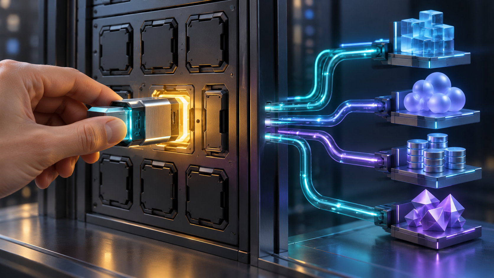Un conector modular accede a una ranura específica mientras otros accesos del panel permanecen cerrados.