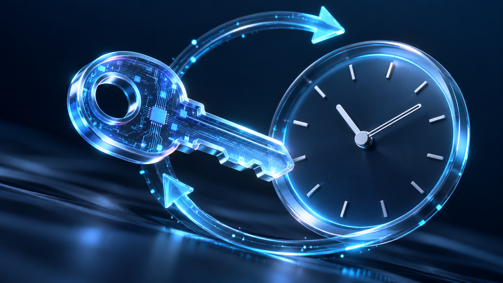 Llave digital junto a un reloj y un ciclo de renovación controlada.