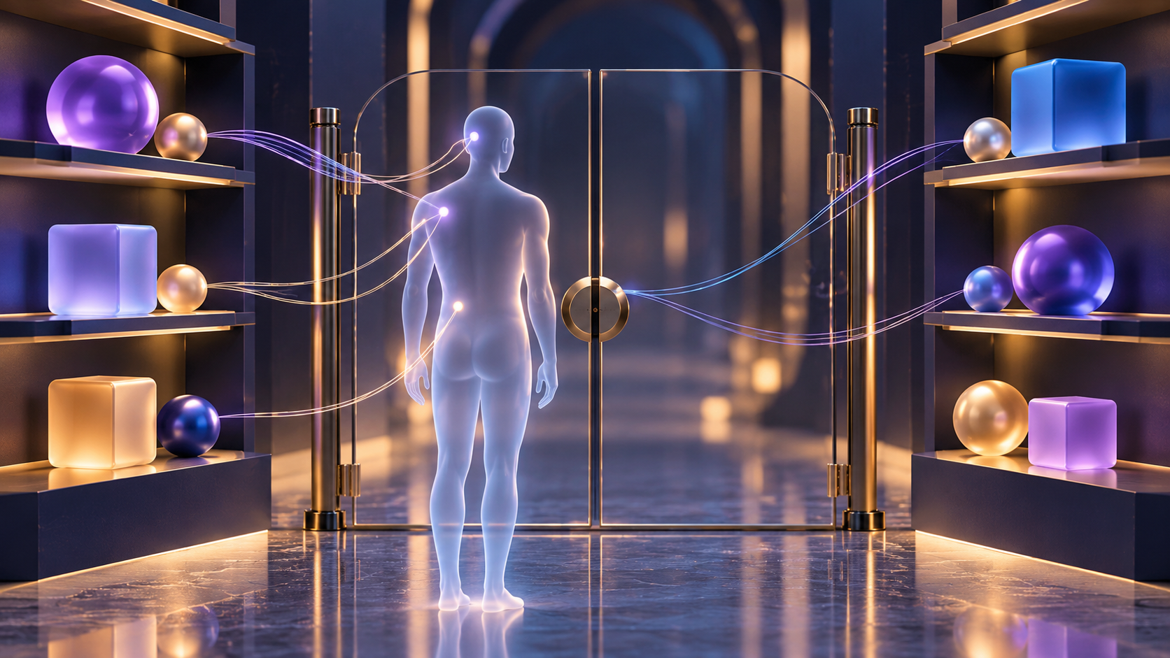 Una identidad translúcida conserva conexiones luminosas con objetos geométricos junto a una puerta de vidrio cerrada.