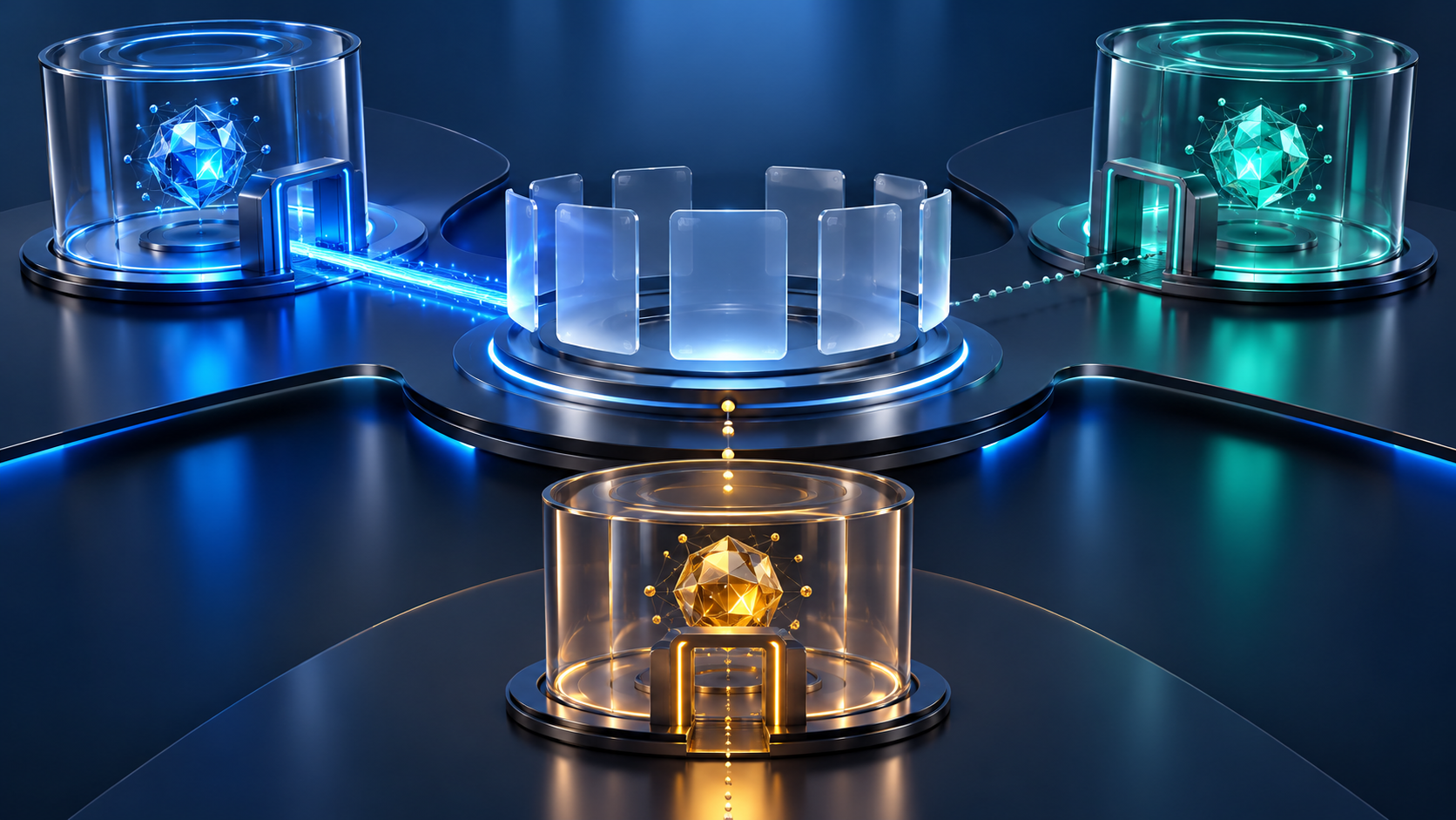 Un catálogo central de tarjetas se conecta con tres cámaras transparentes que contienen núcleos de inteligencia artificial y accesos diferenciados.