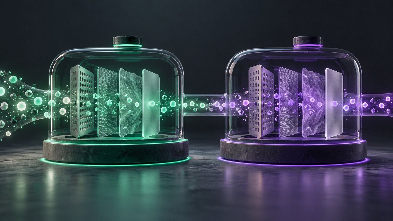 Dos cámaras transparentes con filtros por capas procesan partículas luminosas dentro de límites diferenciados.